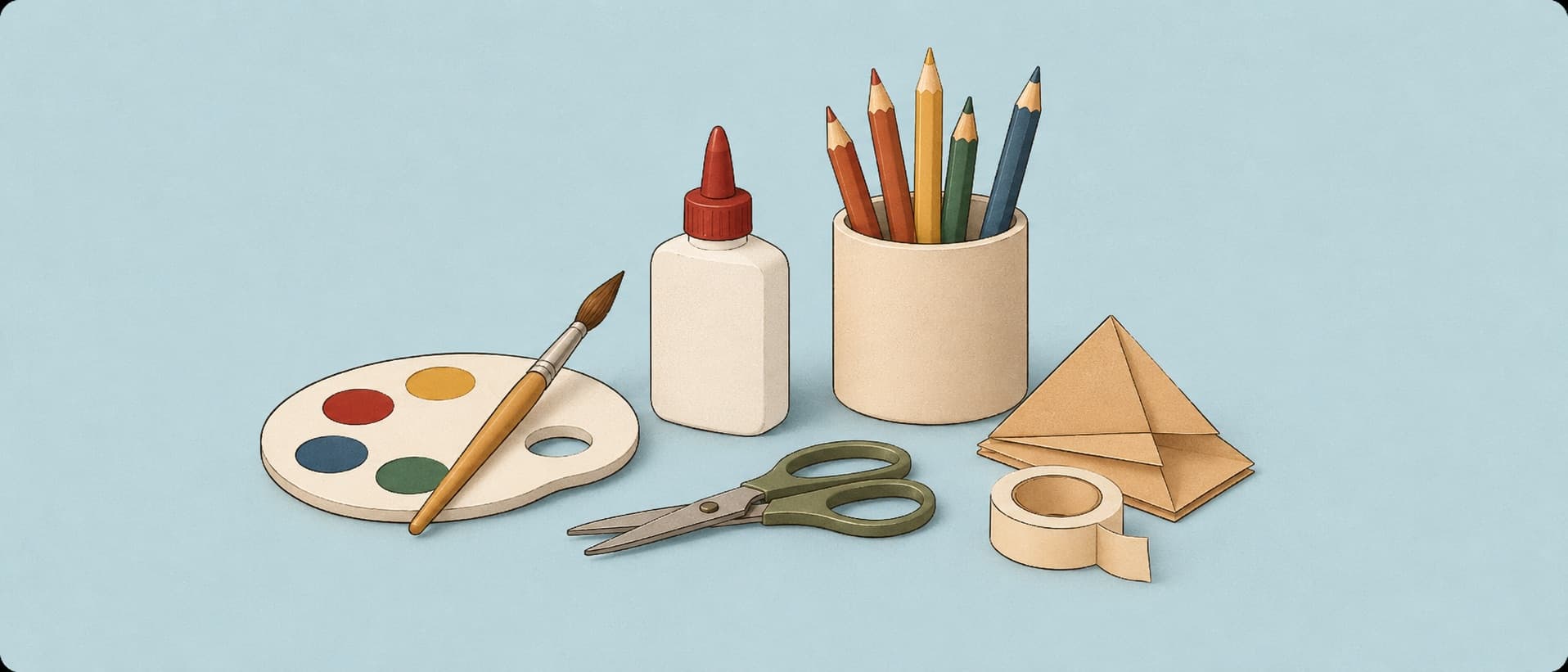 Illustration of art supplies, pencils, paint, scissors and craft paper