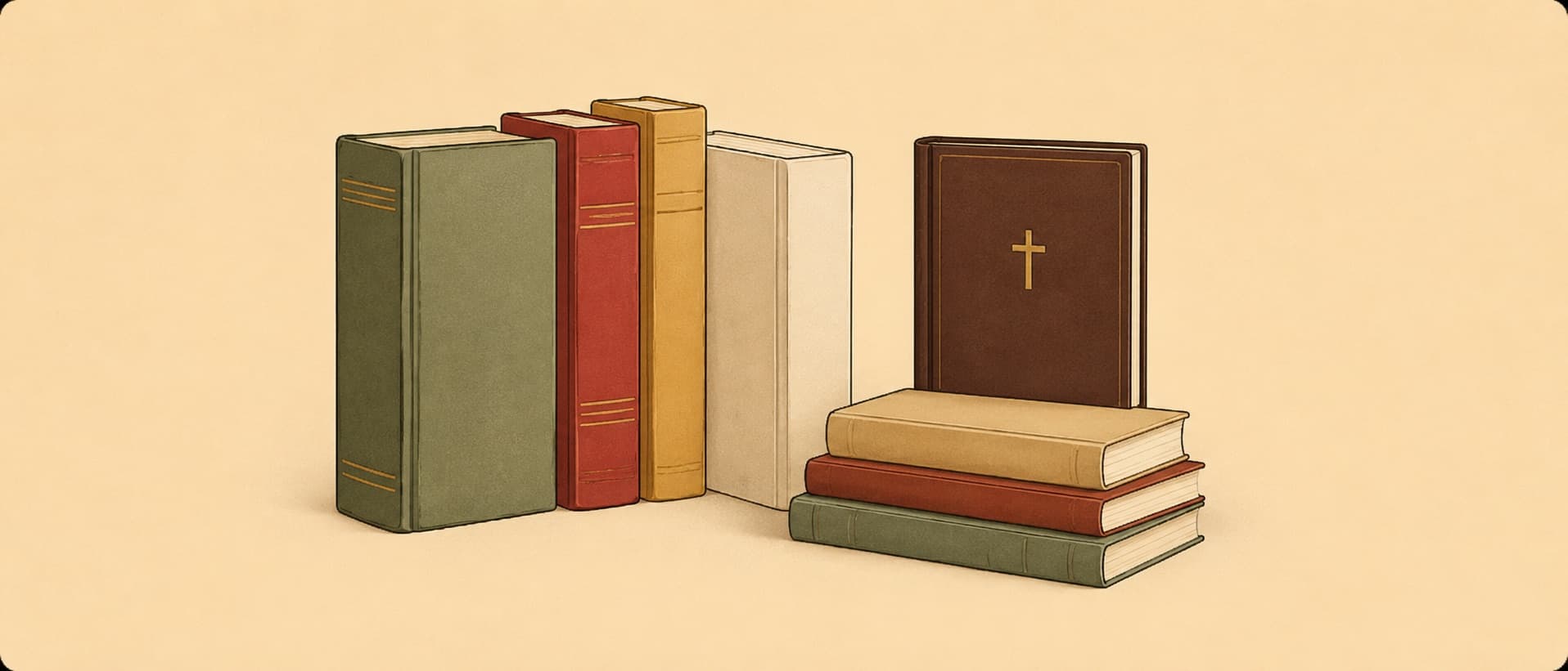 Illustration of books and a Bible arranged on a warm background