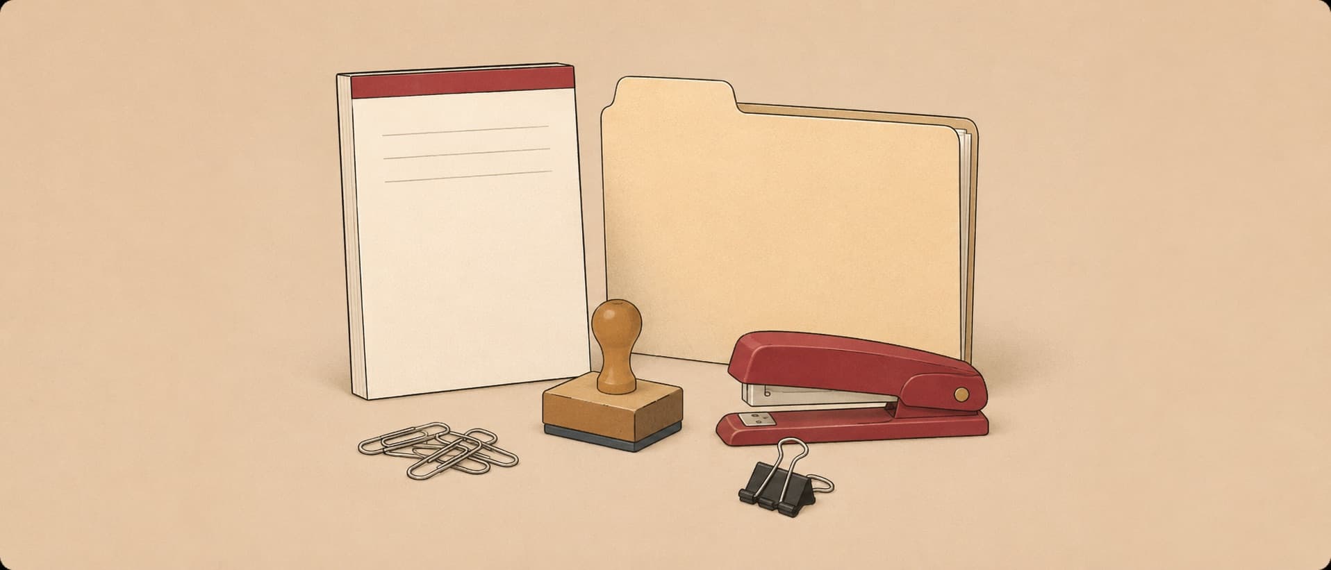 Illustration of office paper, folders, clips, a stamp and a stapler