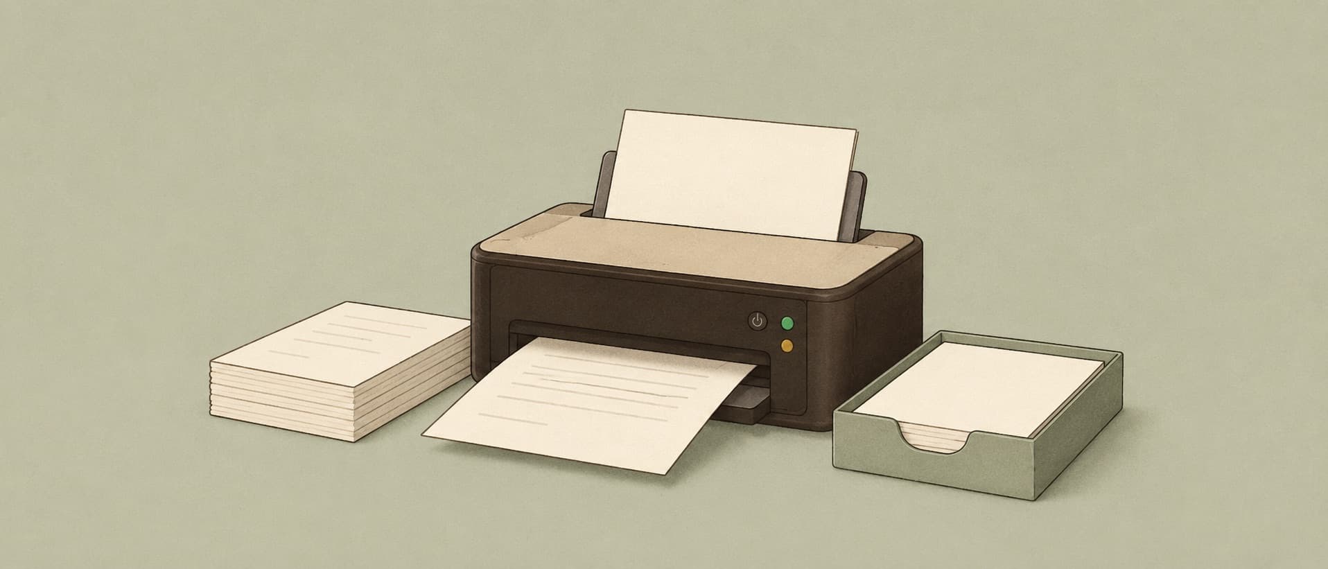 Illustration of a printer with paper trays and printed pages