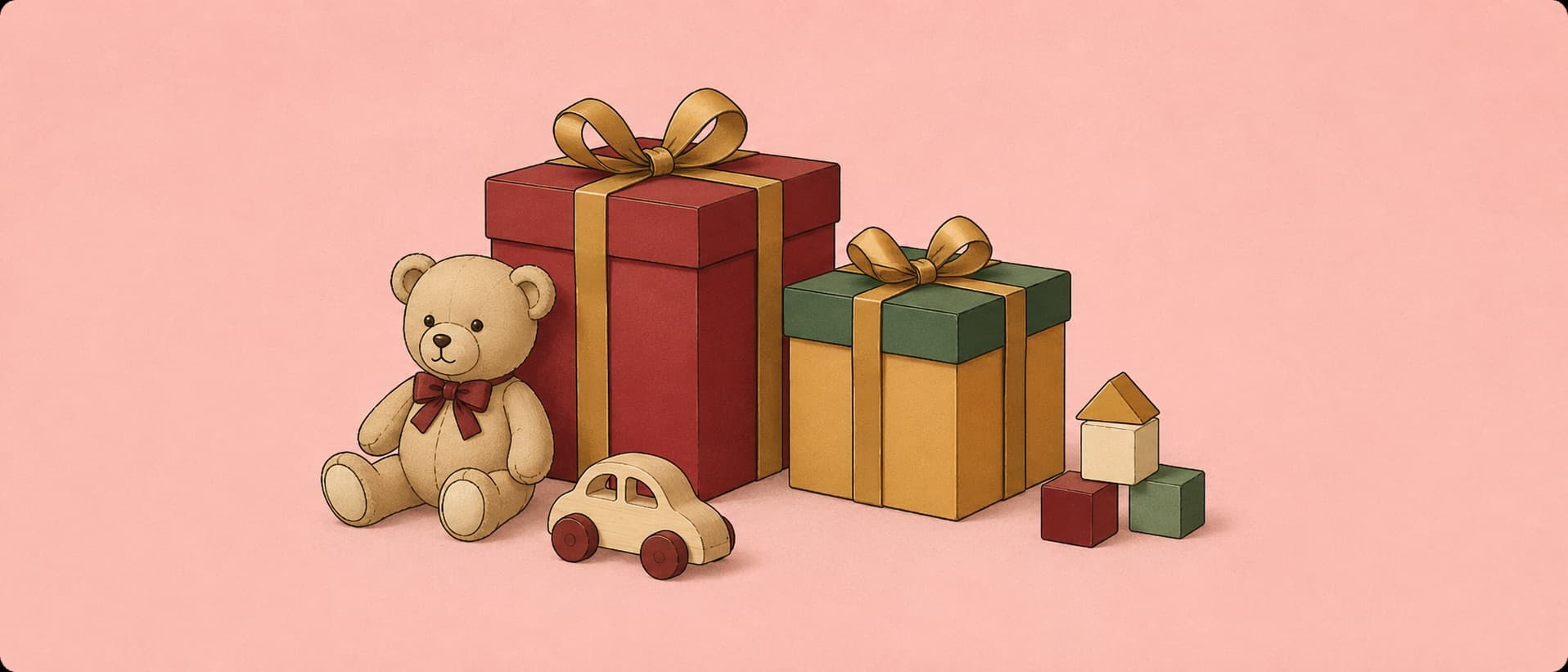 Illustration of wrapped gifts, toys, blocks and a teddy bear