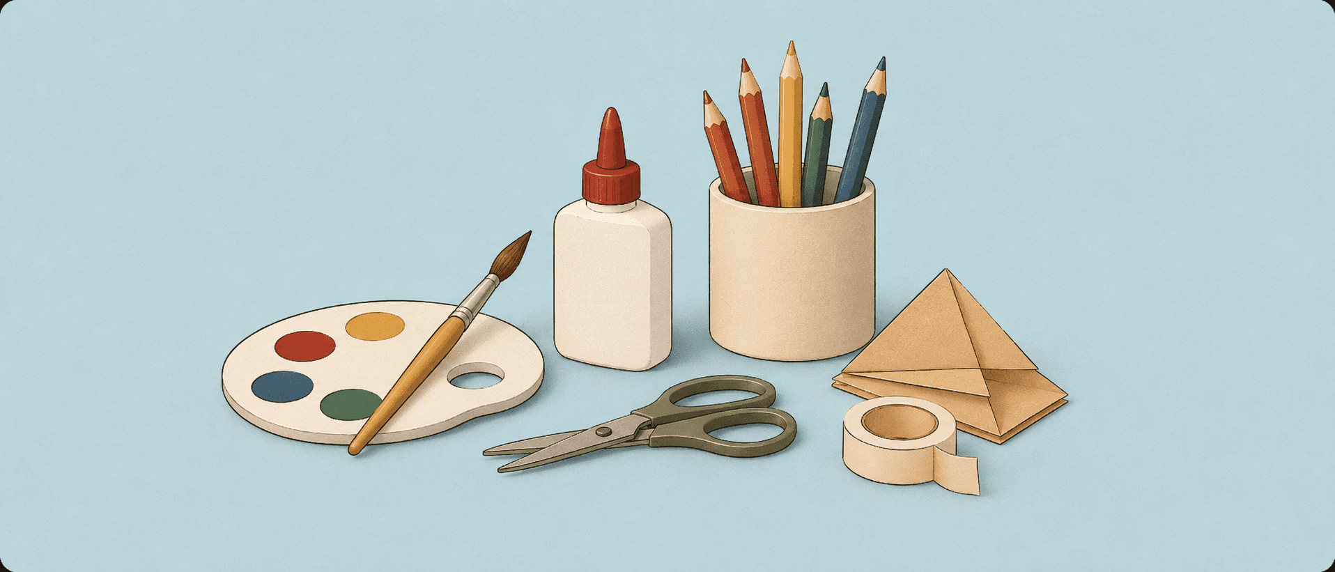 Illustration of art supplies, pencils, paint, scissors and craft paper