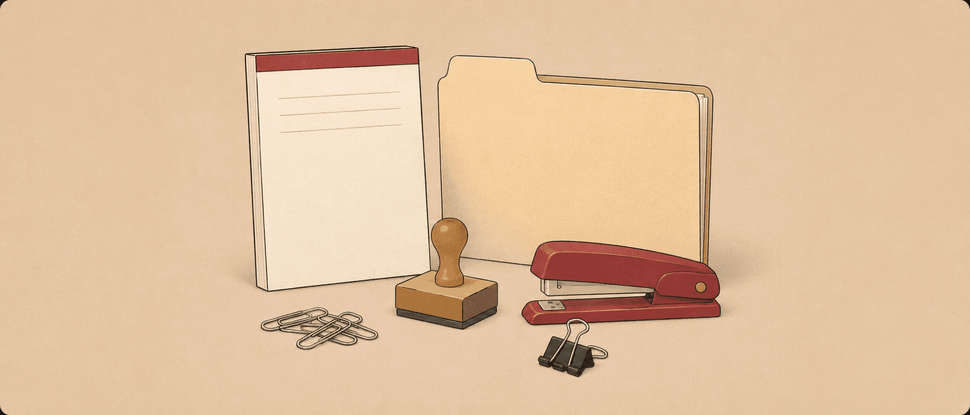 Illustration of office paper, folders, clips, a stamp and a stapler