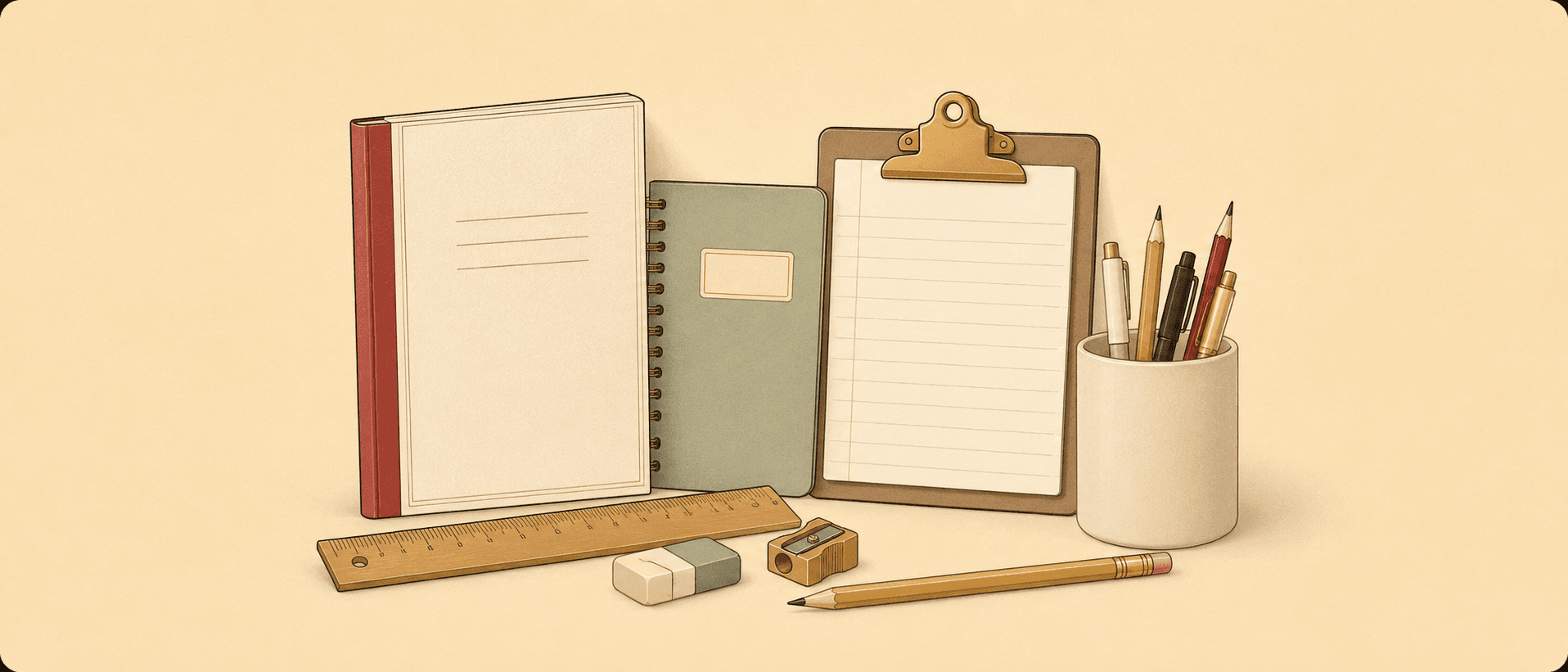 Illustration of school books, stationery, pencils and a clipboard
